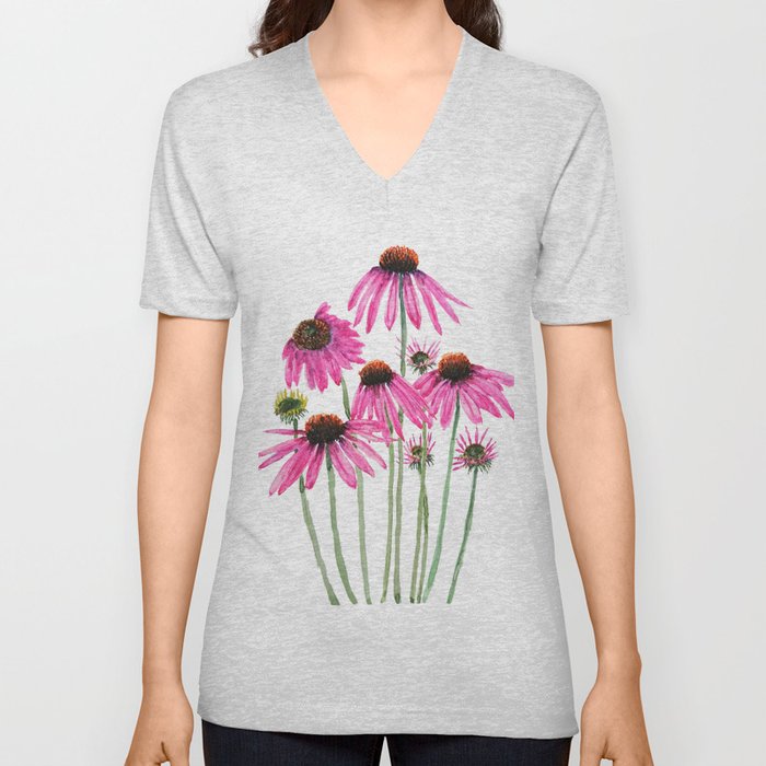 pink coneflowers watercolor V Neck T Shirt