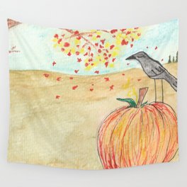 Crow on Autumn Pumpkin Wall Tapestry