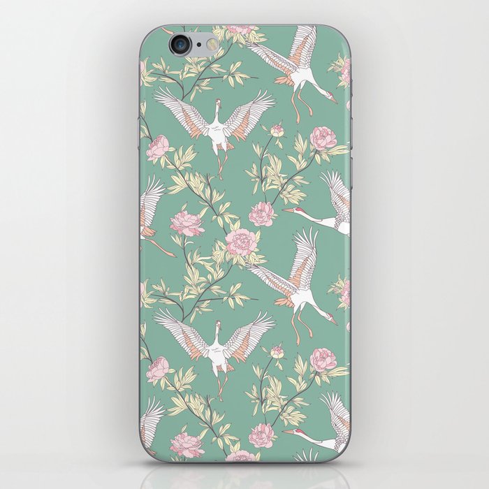Japanese Ornate Heron Pattern Sage Blush II iPhone Skin