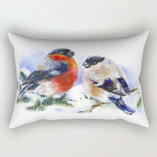 Bullfinches in winter time. Christmas Watercolor Art Rectangular Pillow