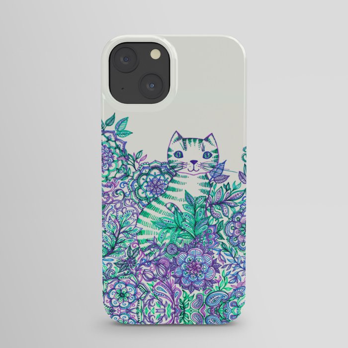 Garden Cat doodle in purple, blue & green iPhone Case