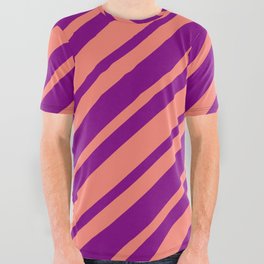 [ Thumbnail: Salmon and Purple Colored Pattern of Stripes All Over Graphic Tee ]