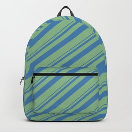 [ Thumbnail: Blue and Dark Sea Green Colored Lined/Striped Pattern Backpack ]