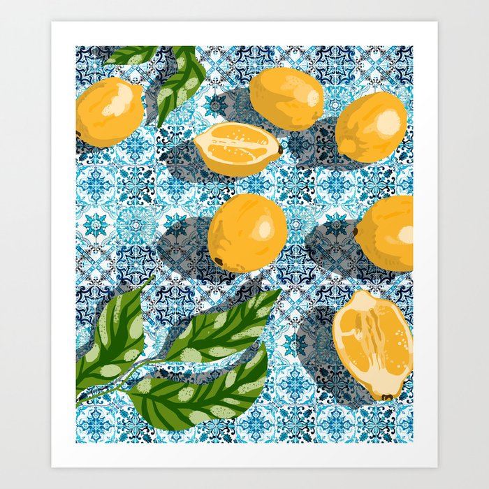 Juicy Lemons on Blue Moroccan Tiles Art Print
