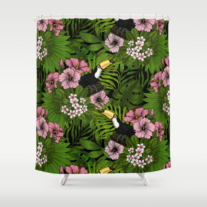 Toucans and tropical flora, green and pink Shower Curtain