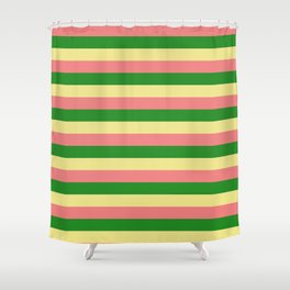 [ Thumbnail: Tan, Light Coral, and Forest Green Colored Lined Pattern Shower Curtain ]