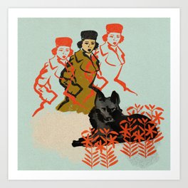 Midcentury winter woman and wolf Art Print
