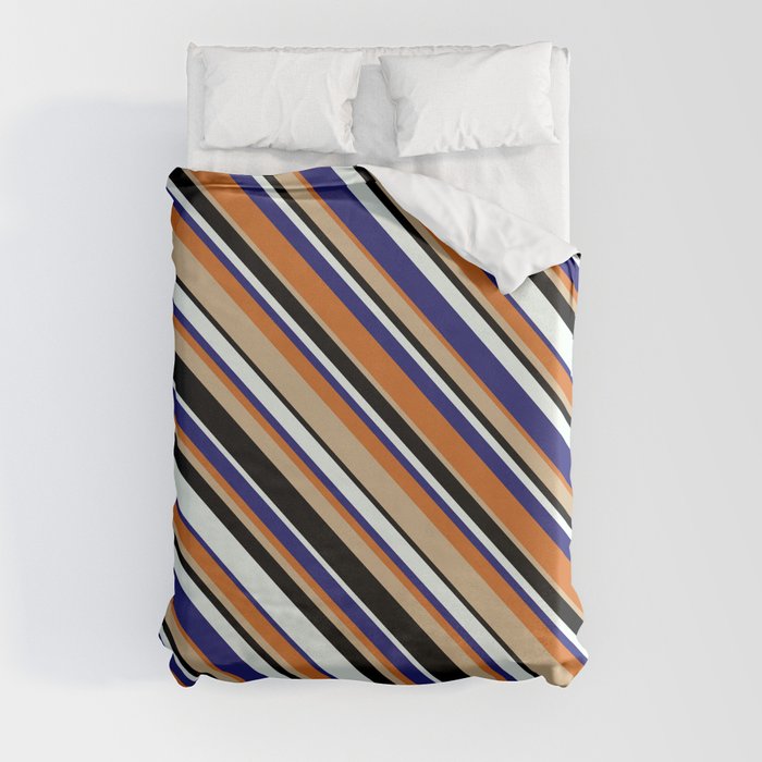 Eyecatching Tan, Black, Mint Cream, Midnight Blue & Chocolate Colored Striped Pattern Duvet Cover