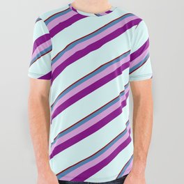 [ Thumbnail: Dark Red, Blue, Plum, Purple & Light Cyan Colored Stripes/Lines Pattern All Over Graphic Tee ]