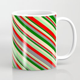 [ Thumbnail: Eyecatching Light Green, Red, Gray, Dark Green, and Tan Colored Lined/Striped Pattern Coffee Mug ]