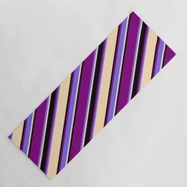 [ Thumbnail: Purple, Medium Slate Blue, Beige, and Black Colored Striped/Lined Pattern Yoga Mat ]