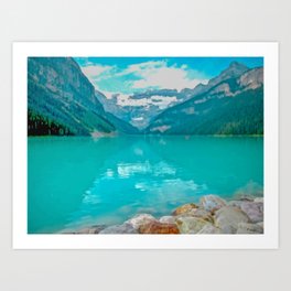Digital Painting of a Sunny Summer's Day over Lake Louise in Banff National Park, Alberta Art Print