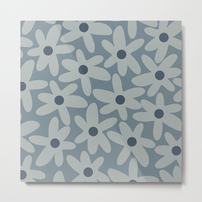 Daisy Time Retro Floral Pattern in Medium Neutral Blue Gray Tones  Metal Print
