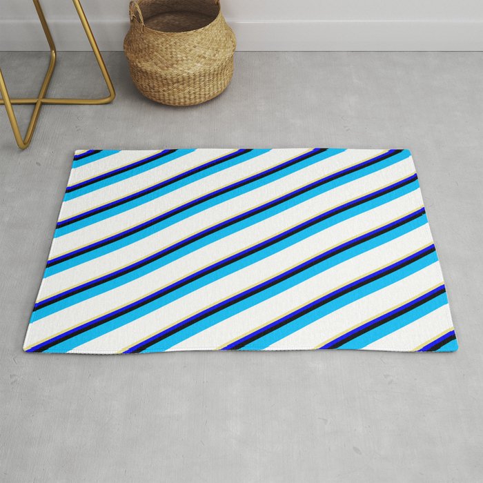 Vibrant Tan, Blue, Black, Deep Sky Blue, and White Colored Striped/Lined Pattern Rug