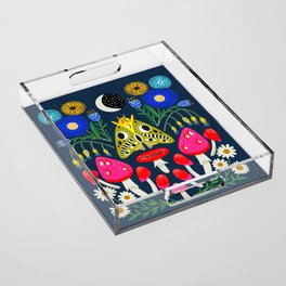 Moth Moon - moon art, witchy art, mushroom art, magic mushrooms, groovy art, daisies Acrylic Tray