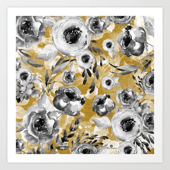 Black and white flowers with gold Art Print