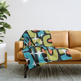 Mid Century Modern Cosmic Abstract 124 Olive Cyan Orange and Black Throw Blanket