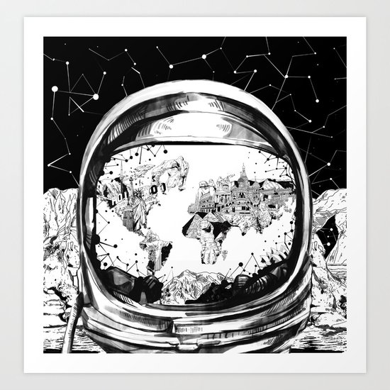 astronaut world map black and white 1 Art Print