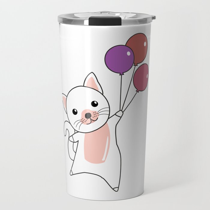 Cat Flies Up With Colorful Balloons Travel Mug