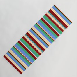 [ Thumbnail: Beige, Cornflower Blue, Sea Green, and Dark Red Colored Lines/Stripes Pattern Yoga Mat ]