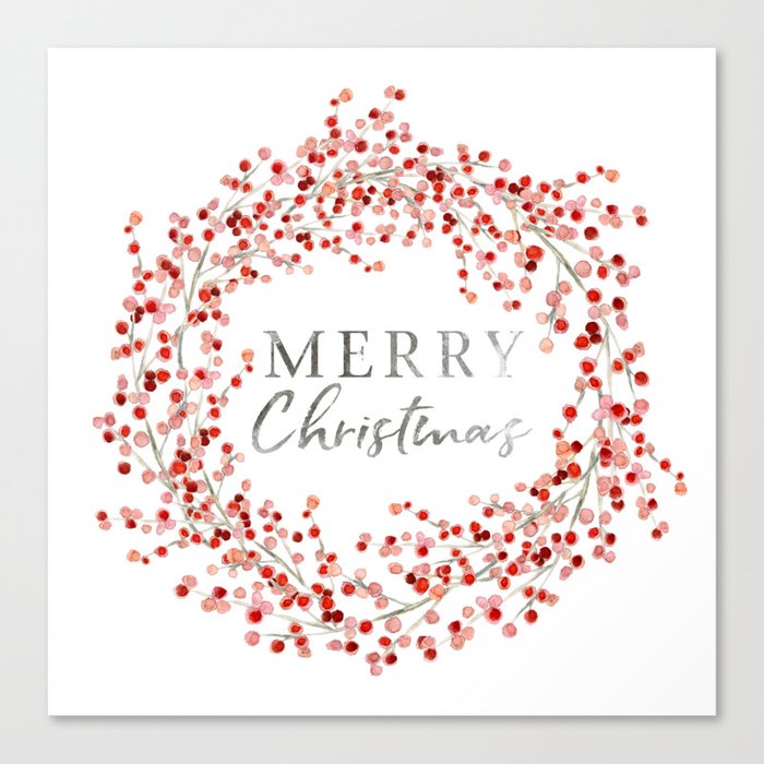 Merry Christmas wreath. Red berry Canvas Print