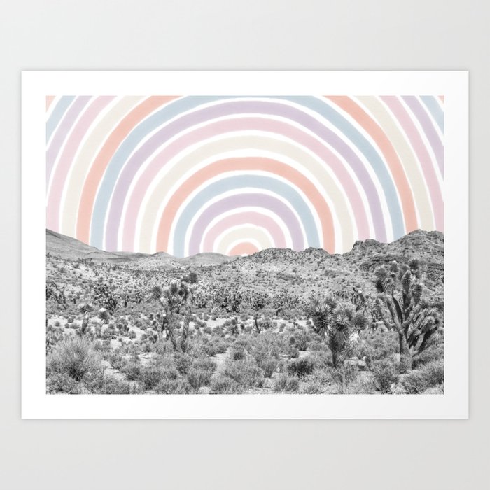 Happy Rainbow Rays // Scenic Desert Cactus Hill Landscape Watercolor Collage Dorm Room Decor Art Print