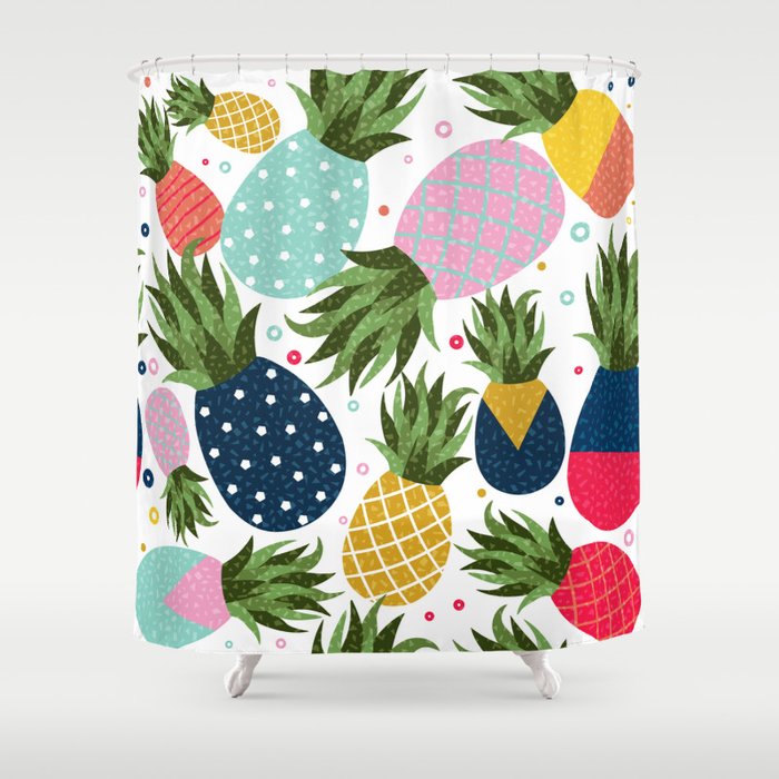 Pineapple seamless pattern illustration, colorful memphis retro style fruit background. Abstract geometric shape decoration summer. Vintage. Shower Curtain