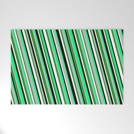 [ Thumbnail: Eye-catching Green, Grey, Forest Green, White, and Black Colored Stripes/Lines Pattern Welcome Mat ]