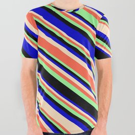 [ Thumbnail: Eye-catching Blue, Bisque, Red, Green, and Black Colored Lines/Stripes Pattern All Over Graphic Tee ]