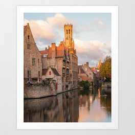 Classic Bruges Art Print | Morning, Color, Channel, Water, Leaning, Empty, Autumn, Tourism, Photo, Medieval 