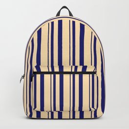 [ Thumbnail: Midnight Blue and Beige Colored Lines Pattern Backpack ]