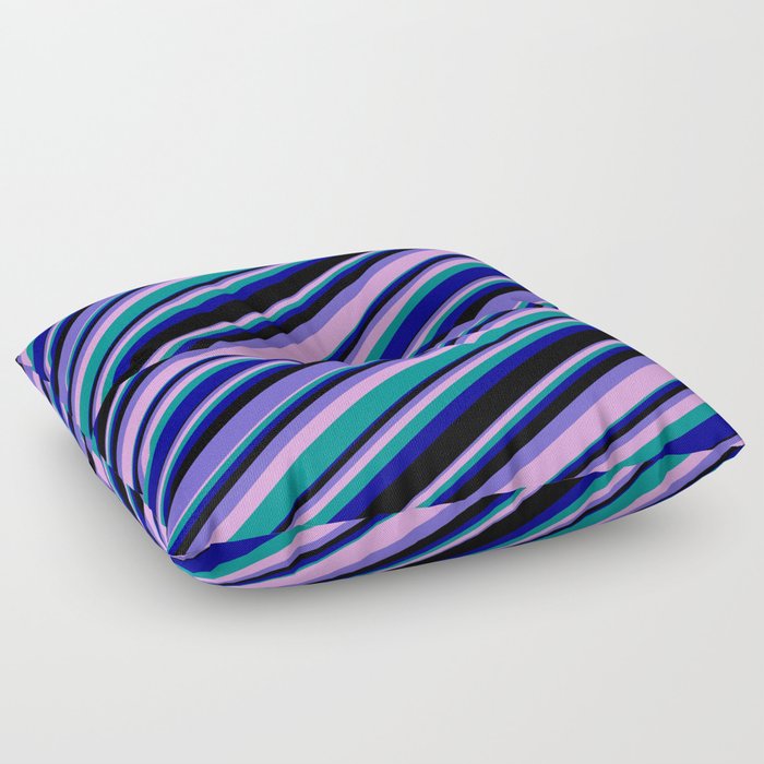 Vibrant Slate Blue, Plum, Dark Cyan, Dark Blue & Black Colored Lines/Stripes Pattern Floor Pillow