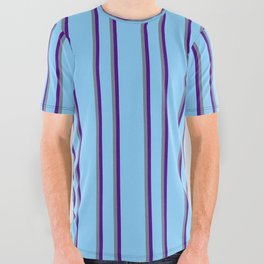 [ Thumbnail: Light Sky Blue, Slate Gray, and Indigo Colored Lines Pattern All Over Graphic Tee ]