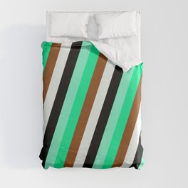 [ Thumbnail: Colorful Aquamarine, Green, Brown, Mint Cream & Black Colored Striped Pattern Duvet Cover ]