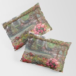 Un jardin d'ete flower garden with Cathedral - post impressionist flowers landscape oil by Octave Guillonnet Pillow Sham