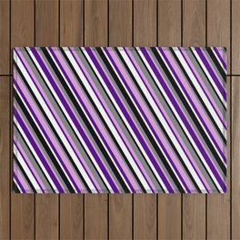 [ Thumbnail: Black, Grey, Plum, Indigo, and White Colored Pattern of Stripes Outdoor Rug ]