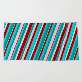 [ Thumbnail: Dark Turquoise, Dark Cyan, Pink & Maroon Colored Pattern of Stripes Beach Towel ]