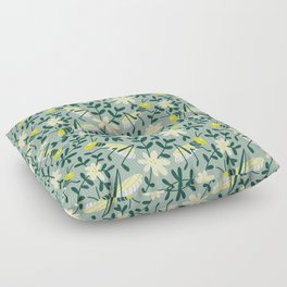 Insects and flowers green print Floor Pillow