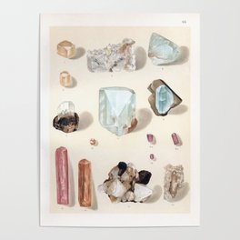 Minerals and Gems I Vintage Illustration  by Reinhard Brauns 1903 Colorful Pink Blue Indigo Crystals Poster