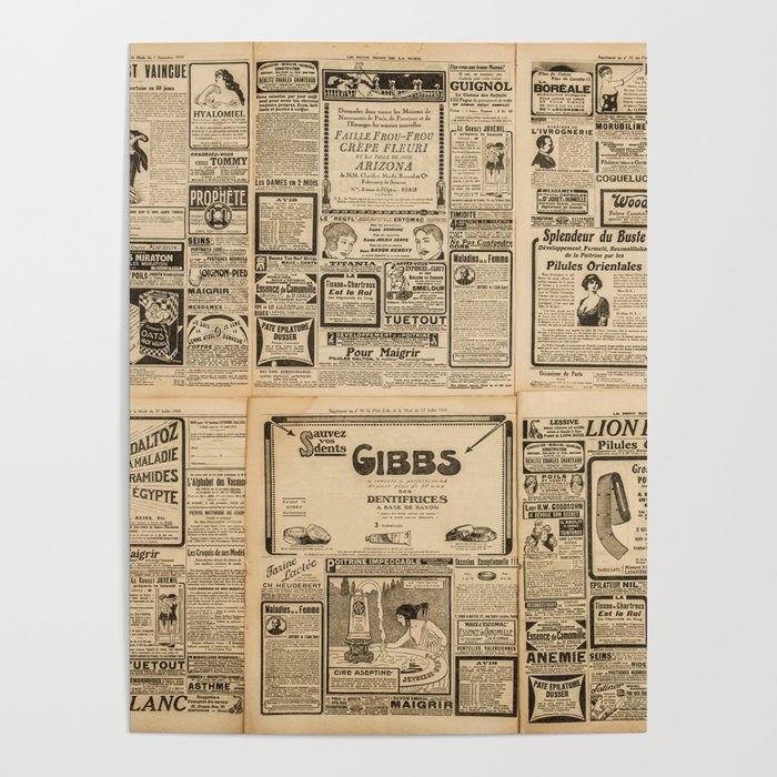 Used paper background. Old newspaper page with vintage advertising Poster