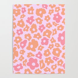 Pink and Orange Retro Flower Swirl Pattern Poster