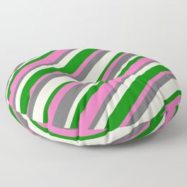 [ Thumbnail: Hot Pink, Dim Gray, Beige, and Green Colored Stripes Pattern Floor Pillow ]