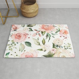 Watercolor Pink Peonies, Pink and White Roses and Greenery Area & Throw Rug