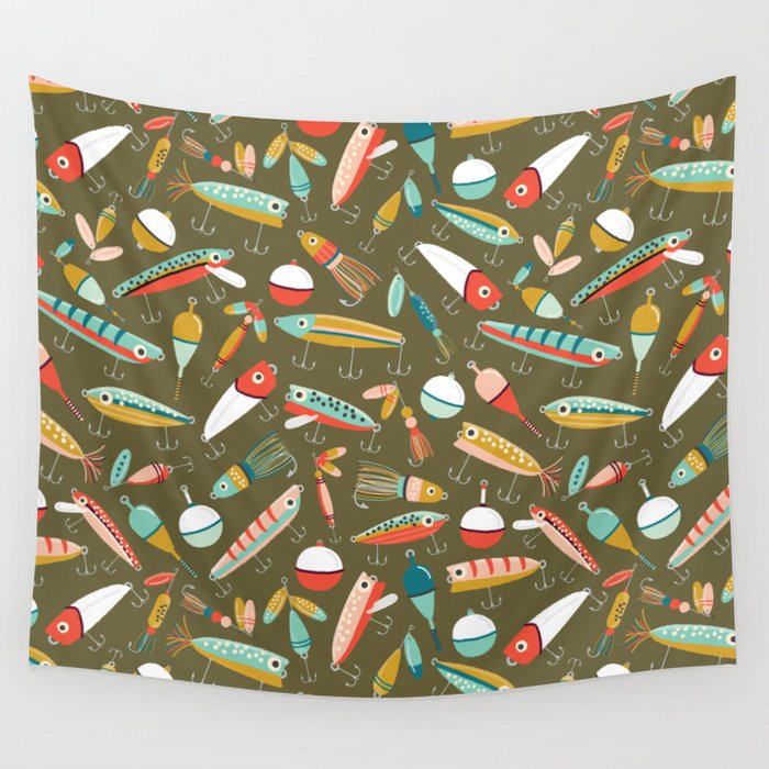 Fishing Lures Green Wall Tapestry