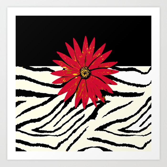 Animal Print Zebra Black and White and Red flower Medallion Art Print