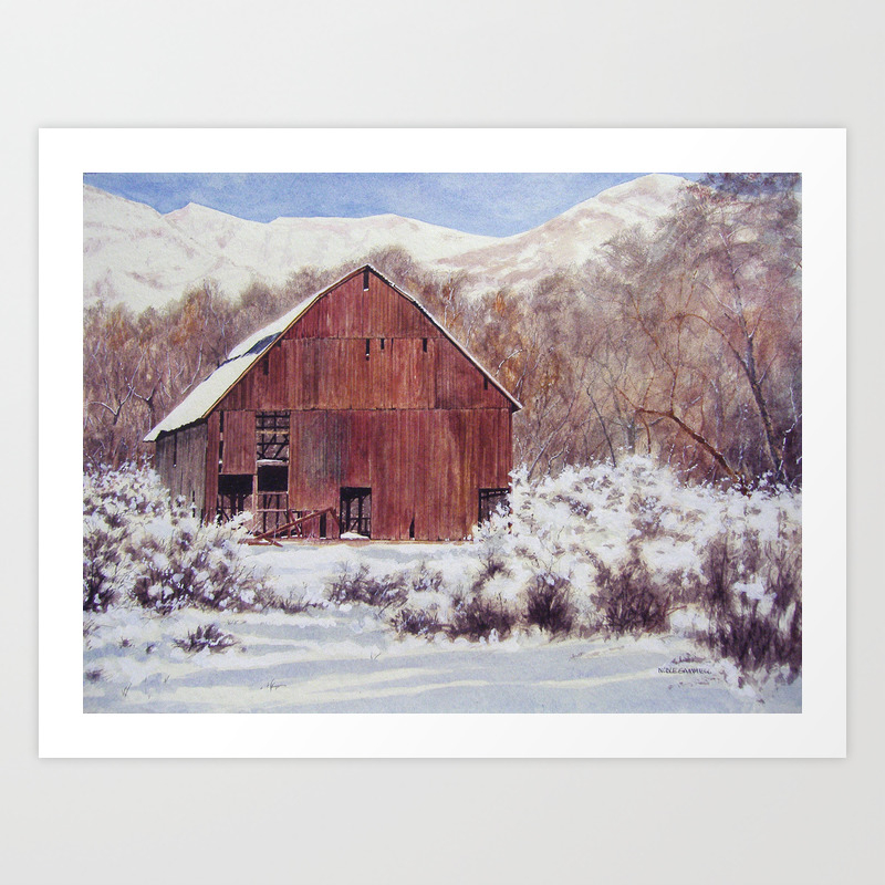 Snowy Barn In The Mountains Art Print By Noble Society6