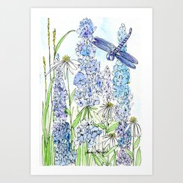 Watercolor Wildflower Garden Dragonfly Blue Flowers Daisies Art Print