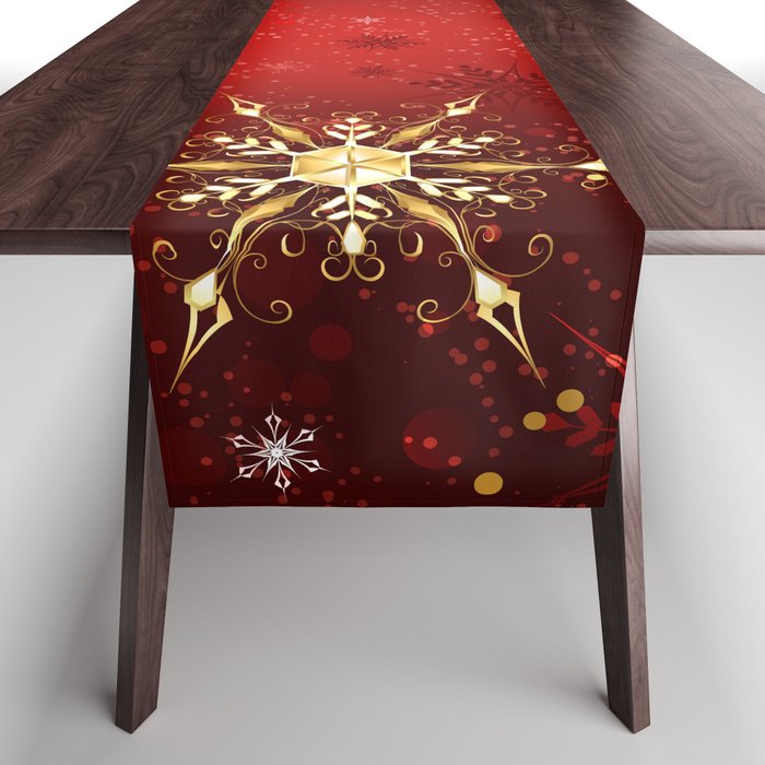 Red Background with Gold Snowflakes Table Runner