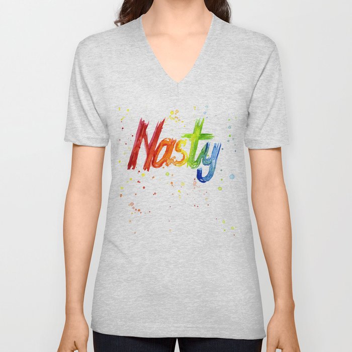 Nasty Woman Rainbow Watercolor Text V Neck T Shirt