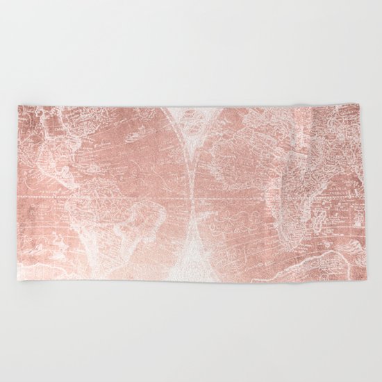 Antique World Map White Rose Gold Beach Towel
